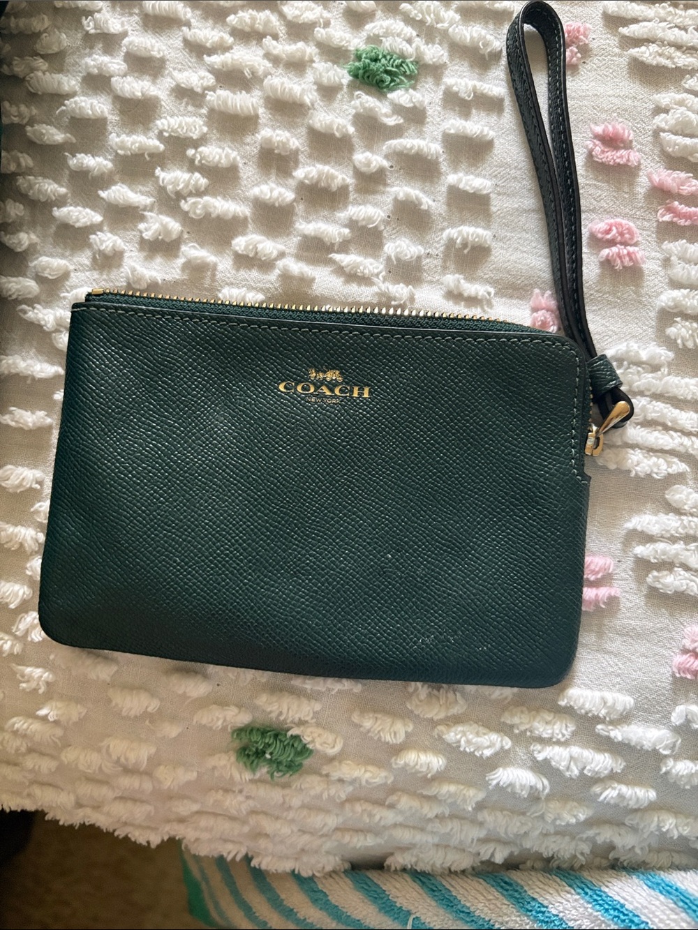 COACH Forest Green Leather Wristlet with Gold Logo